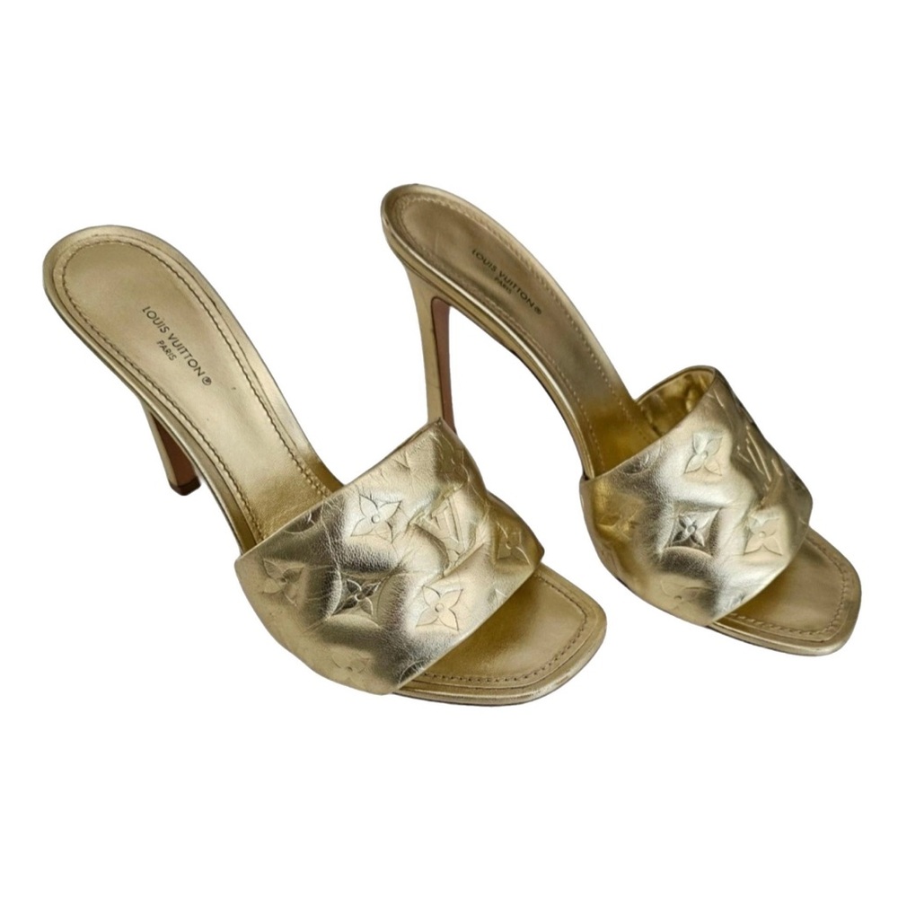 Louis Vuitton Gold Heels with Metallic Sheen and Open Toe
